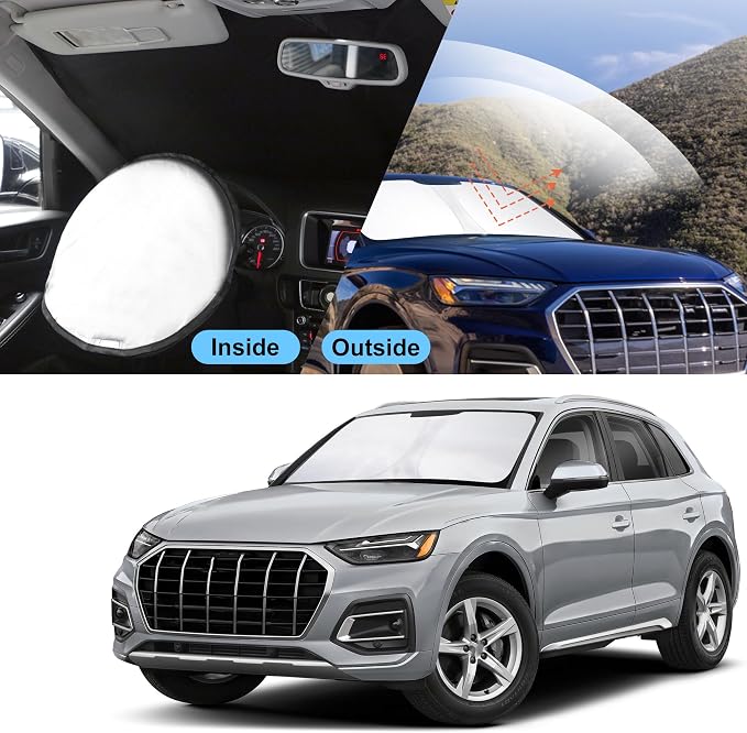 TINGLU Sun Shade for Audi Q5 2018-2024 2025 2026 Accessories Windshield Sun Shade Window Shade UV Rays Protection Sun Visor Cover with Steering Wheel Sunshade Storage Bag
