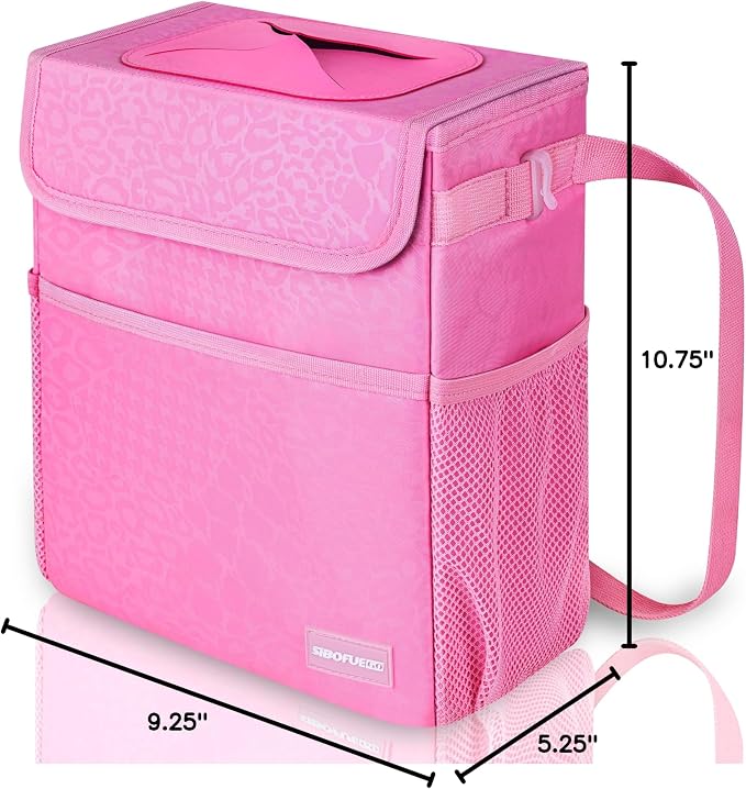 SIBOFUEGO Car Trash Can Cute - Multifunctional Interior Car Accessory for Women, Car Organizer and Storage with Adjustable Straps, Car Stuff Storage 2 Gallons (Leopard-Print Pink)