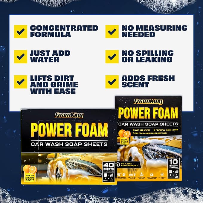 Foam King Car Wash Soap Strip (10ct = 5 Car Washes) - Concentrated Car Cleaning Soap Sheet, No Plastic Bottle - For Foam Cannons Guns, Bucket Wash. Safe for Cars, Trucks, Motorbikes - Citrus Scent