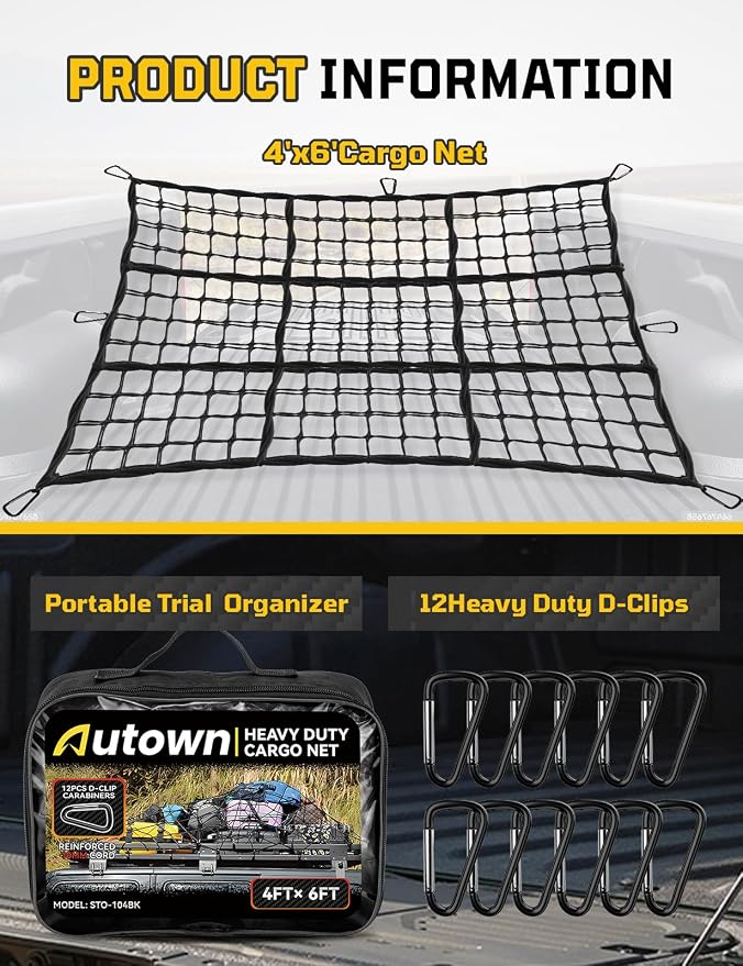 AUTOWN Cargo Net for Pickup Truck Bed - Stretchable 4' x 6' to 8' x 12' with 4" x 4" Mesh, Heavy Duty 10mm Cord Bungee Bed Netting with 12 Metal Carabiners - Ideal for ATV, SUV, UTV and Truck
