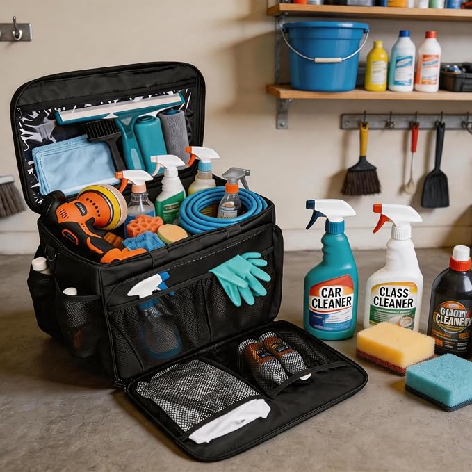 Large Car Detailing Organizer with Hard Pad Support, Car Detailing Bag with Multiple Pockets, Cleaning Bags for Housekeepers, Cleaning Supply Bag, Black