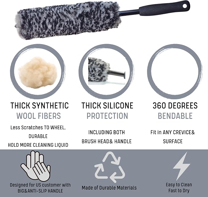 oesee Refined Long Handle Car Wheel Brush Arsenal, Soft Wheel and Rim Brush,Tire Brush, Bendable & Durable Car Wheel Rim Cleaner Brush Set for Cleaning Wheel and Tire, Large, Grey & Black