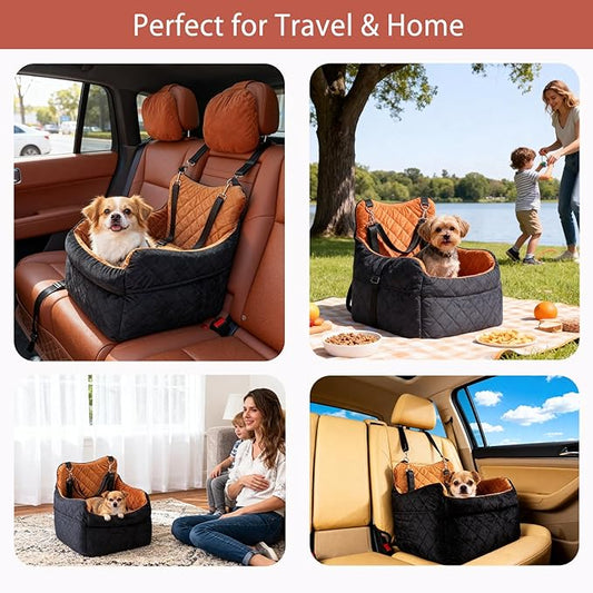 Elevated Dog Car Seat for Small Dogs – Luxurious Dutch Suede Leather Pet Booster with Adjustable Safety Leash, Non-Slip Base, Washable Cover, Cozy Travel Bed for Pets up to 30 lbs
