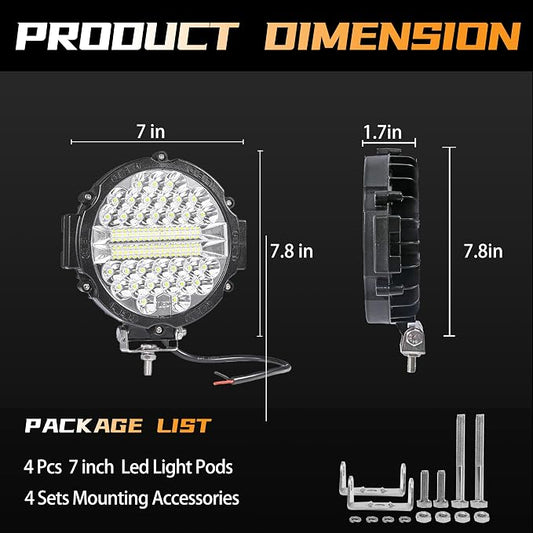 7 Inch Round LED Off Road Lights, 201W 12000lm LED Light Pods, Offroad Driving Fog Lights Work Lights for Trucks Tractor Snowmobile Golf Cart ATV UTV RV Plower, 4 Pack with Wiring Harness