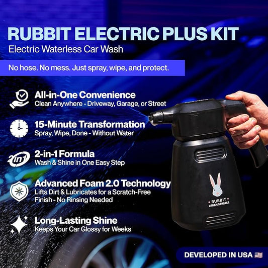 Electric Plus Kit, Waterless Car Wash Kit, Rechargeable Electric Sprayer, Foam 2.0 Solution, 6 Reusable Microfiber Towels, & Air Freshener, Car Cleaning Supplies, 9 Piece Auto Cleaning Kit