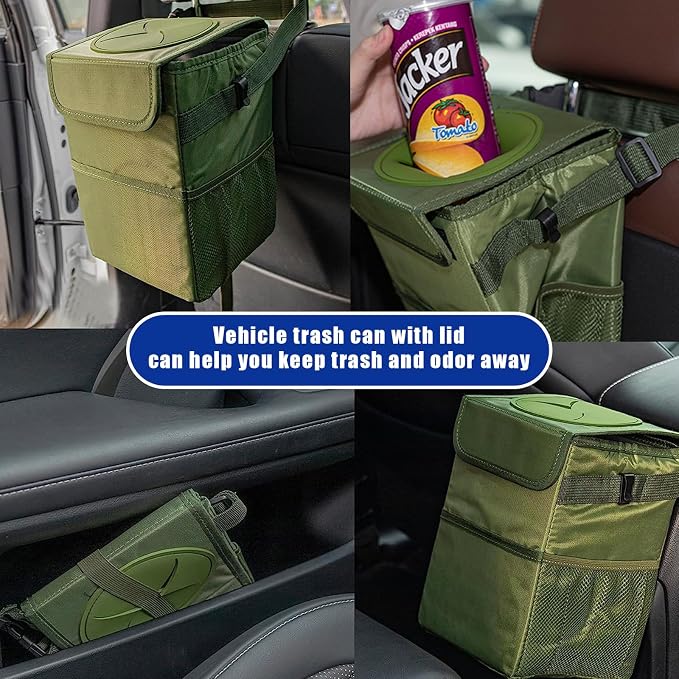 Kewucn Car Trash Can with Lid, Waterproof Mini Auto Garbage Can, Leak-Proof Vehicle Organizer and Storage Pockets, Hanging Collapsible Trash Bin, Universal Accessories for Most Cars (Army Green)