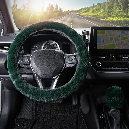SEG Direct Furry Car Steering Wheel Cover with Gear Shift Cover, Soft and Warm, Cute Fluffy Auto Decor for Women Men, Standard Size, 2 PCS Set, Dark Green