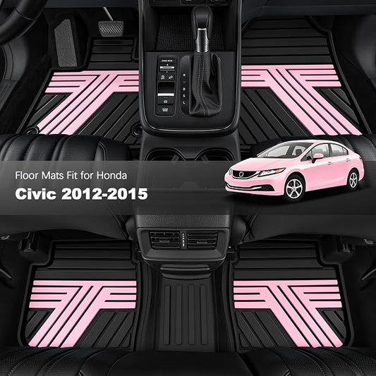 Floor Mats Fit for 2012-2015 Honda Civic Sedan & Sedan Si (Not for Coupe), Custom Fit All Weather Protection Heavy Duty Anti-Slip Car Mats for Civic, 1st & 2nd Row, Black & Pink