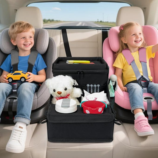 Car Hop Front Seat Organizer with Cup Holder, Movable Divider & Side Pockets, Passenger Seat Storage Caddy for Road Trip, Travel, Work or Kids, Fits Cars Trucks SUVs