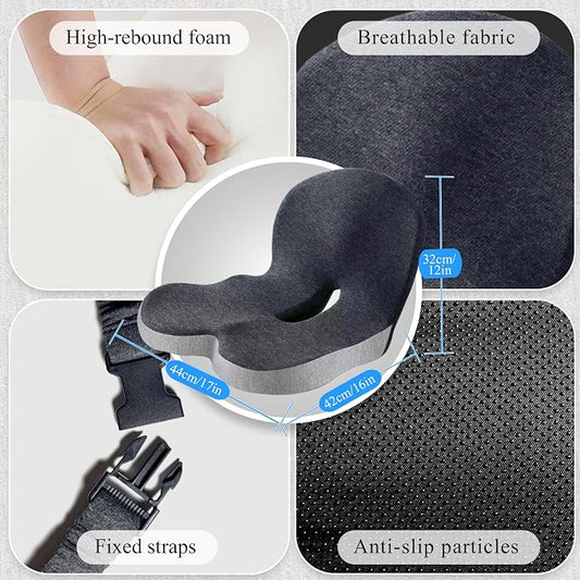 Car Seat Cushion, Memory Foam Driving Cushion with Adjustable Strap, Ergonomic Pad for Car & Semi Truck, Office Chair Cushion for Sciatica & Lower Back Pain Relief, Light Gray & Dark Gray
