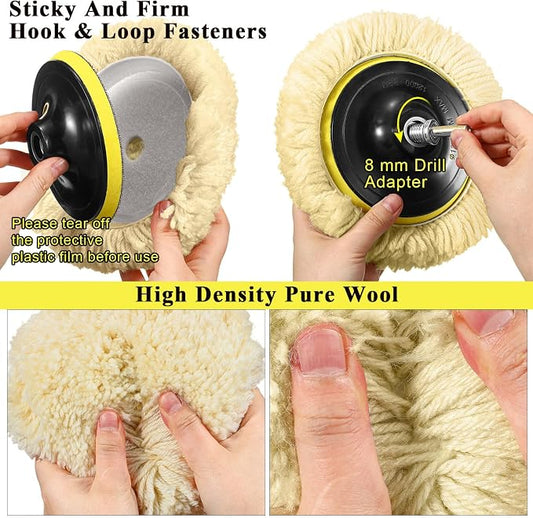 Tallew 6 Pcs 5 Inch Wool Buffing Polishing Pads Hook Loop Cutting Pads with Backing Plate for Car, Boat, Wood, Marble Surface Polishing & Scratch Removal (Original Color)