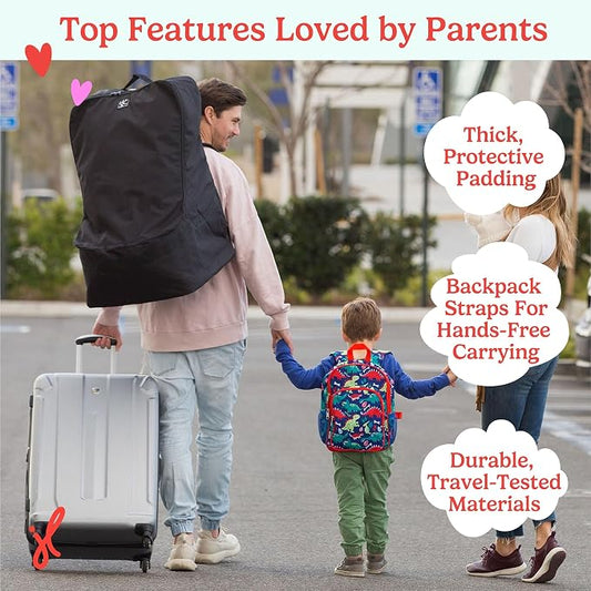 J.L. Childress Padded Backpack Car Seat Bag - Car Seat Travel Bag for Airplane, Cover Fits Most Baby & Infant Carriers & Boosters, Airport Accessories for Gate Check or Baggage Check - Ultimate, Black