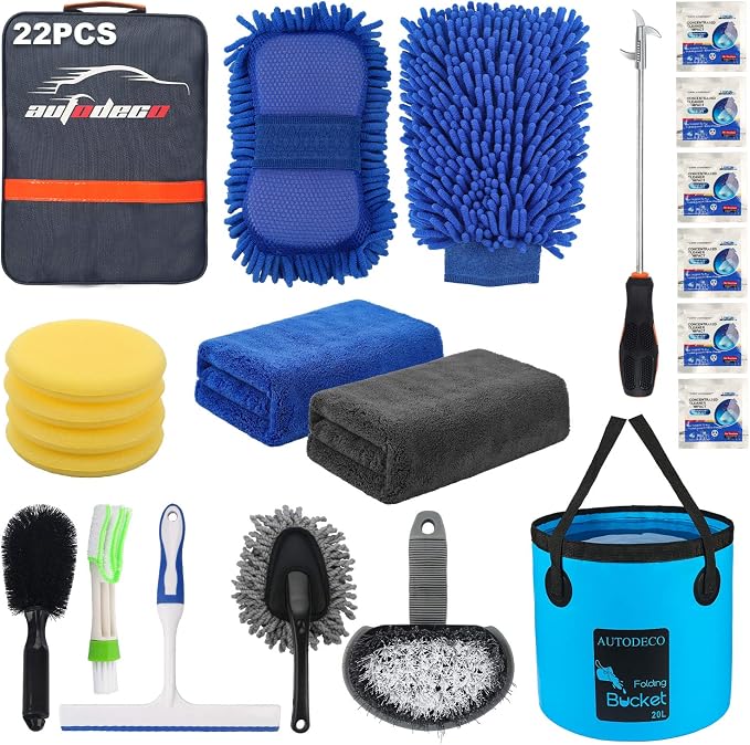 22Pcs Car Wash Cleaning Tools Kit Car Detailing Set with Blue Canvas Bag Collapsible Bucket Wash Mitt Sponge Towels Tire Brush Window Scraper Duster Complete Interior Car Care Kit