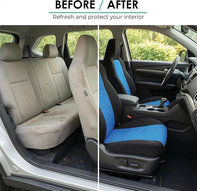 FH Group Automotive Full Car Seat Covers for SUV, Trucks, Sedan and More - Universal Fit Front High Back & Rear Solid Bench Design Interior Accessories - 3D Air Mesh Fabric Center Panel - Blue