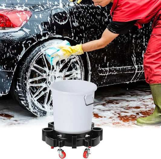 5 Gallon Removable Rolling Bucket Dolly with 5 Swivel Wheel Casters, Car Wash Bucket Roller Car Wash Detailing Bucket Dolly Round Plastic Dollies for Car Wash System Garage Flowerpot, Black