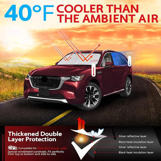 KAYZT Windshield Sun Shade for 2024-2025 2026 Mazda CX-90 CX90 PHEV Foldable Sunshade Front Window Custom Fit Car Accessories