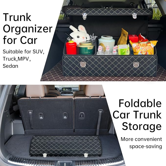 Car Trunk Organizer with Lid,Foldable Faux Leather Cargo Storage Box,3 Compartments,Collapsible Multi-Functional for SUV,Sedan,Vehicle Trunk