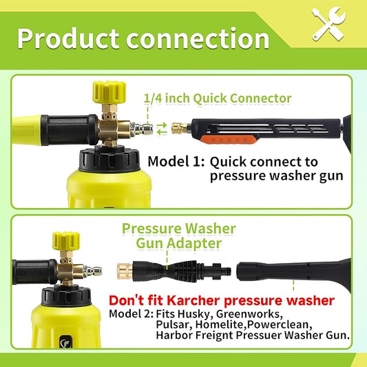 FIXFANS Foam Cannon with Replacement Adapter for Portland Husky Ryobi | Wide Neck Pressure Washer Snow Foam Lance, Heavy Duty Power Washer Foam Blaster, 1/4 Inch Quick Connector, 5 Nozzles, 1L