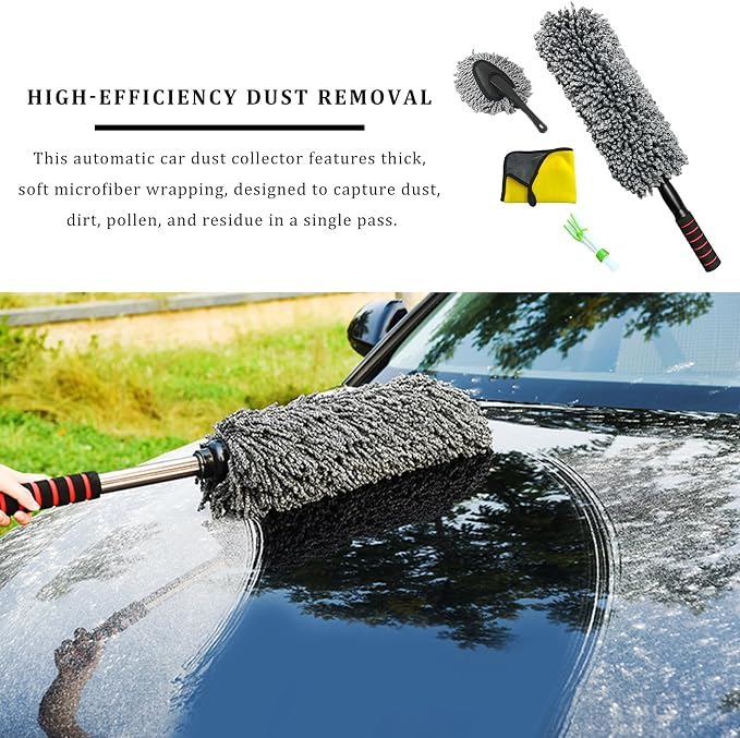 4 PCS Car Duster Kit, Microfiber Scratch Free Multipurpose Cleaning Duster with Extendable Handle, Washable Interior & Exterior Auto Dusting Tools for Cars Trucks SUVs RVs