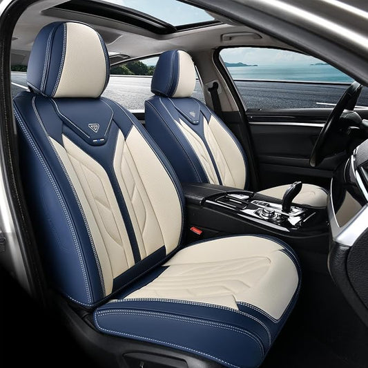 Coverado Car Seat Covers Full Set, Leather Seat Covers for Cars, Automotive Seat Covers Car Seat Protectors Car Accessories Universal Fit for Most Sedans SUV Pick-up Truck(Blue&Beige)