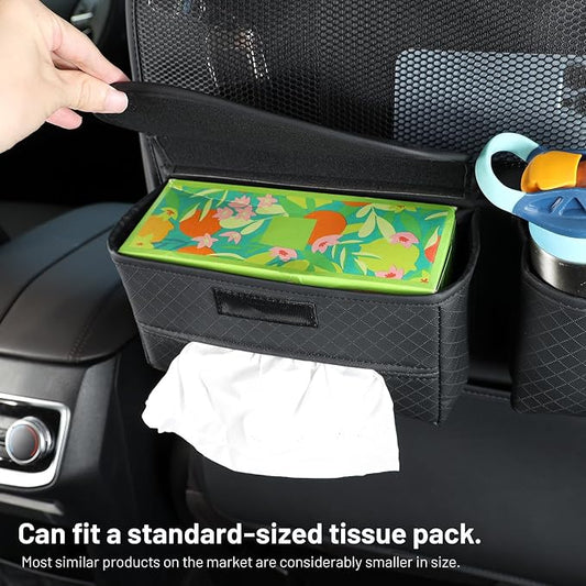 PU Leather Car Seat Back Organizer with Kick Mat Protectors, Tissue Box Storage, Cup Holder, Phone Holder for Road Trips. (Black)