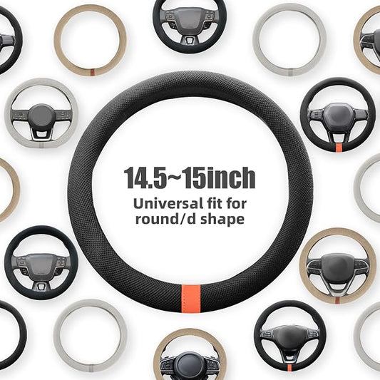 15" Universal Cooling Steering Wheel Cover, Microfiber Non-Slip Breathable Cooling Steering Wheel Protector with Silicone Inner Ring for Round/D Shape, Warm in Winter Cool in Summer, Black Orange