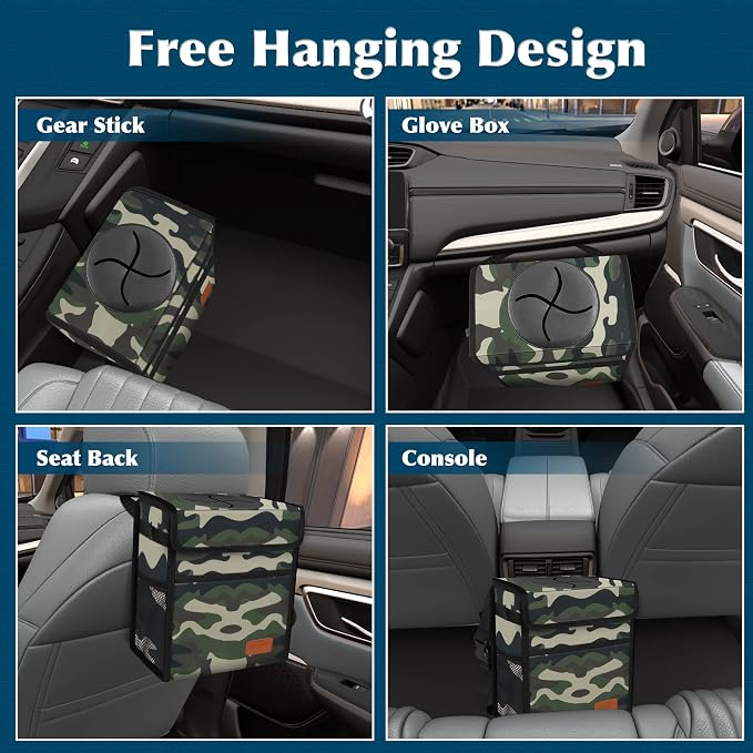 Car Trash Can Leak Proof Car Trash Bag Waterproof Car Garbage Can with Lid for SUV Front Seat Multipurpose Car Hanging for Headrest Collapsible and Portable with Storage Mesh Pocket– Camouflage