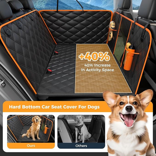 Dog Car Seat Cover for Back Seat, Hard Bottom Back Seat Extender for Dogs - Supports 400lbs,New Waterproof, Scratch Resistant, Anti Slip Portable Dog Hammock,Suitable for Cars, SUVs and Trucks(Orange๏ผ