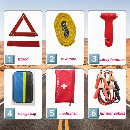 Car Roadside Emergency Kit, 6-in-1 Safety Set | Jumper Cables, Tow Rope, Warning Triangle, Safety Hammer, First Aid Kit, Storage Bag