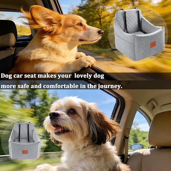 Dog Car Seat for Small/Medium Dogs up to 35 lbs, Memory Foam Pet Booster Seat with Detachable Washable Cover, Portable Pet Bed for Cars with Safety Belts and Storage Pockets(Grey, Medium)