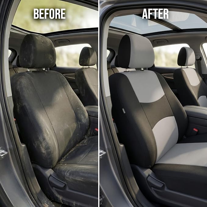 FH Group Bright Flat Cloth Full Set Automotive Seat Covers Front Set and Rear Solid Bench Gray Black Seat Covers w. Gift Universal Fit Interior Accessories for Cars Trucks and SUVs