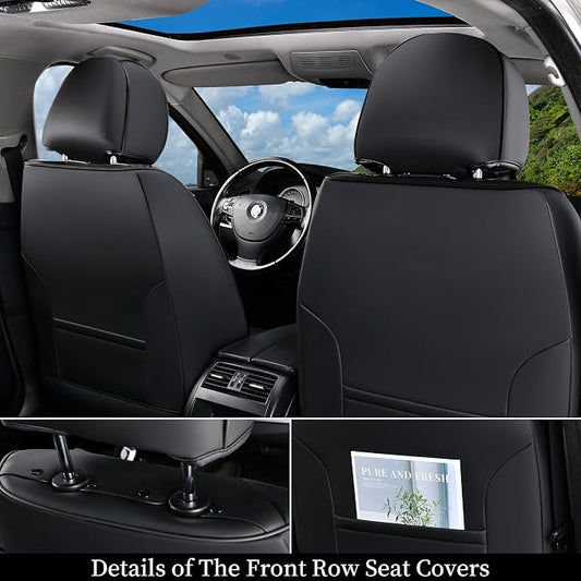 Coverado Car Seat Covers Full Set, 5 Seats Universal Seat Covers for Cars, Breathable Fabric& Faux Leather Auto Seat Cushions, Front and Rear Seat Protectors Fit for Most Sedans SUV Truck, Black