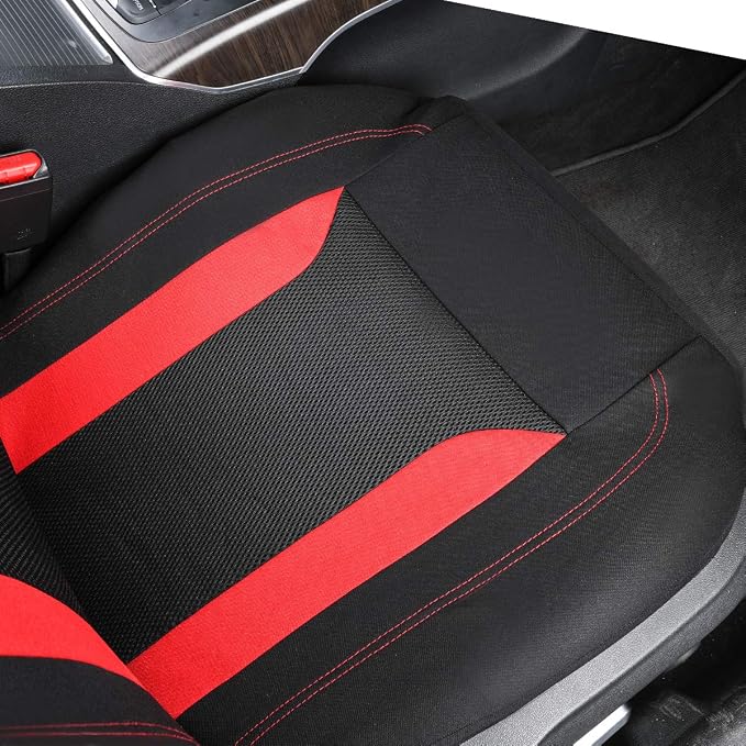 CAR PASS Bucket Car Seat Cover, Breathable 3D Air Mesh-100% Sporty Fabric Front Seats, Airbag Compatible, Universal Fit Automotive SUV Truck Sedan Vans Women, High Back Two Front 2 Piece, Black Red