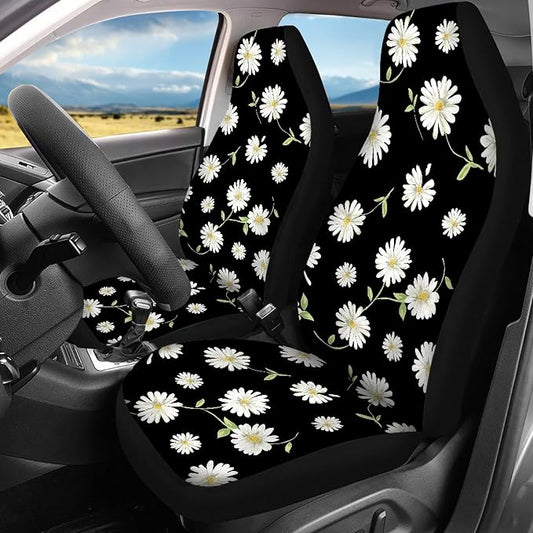 Daisy Car Seat Covers Full Set,Cute Daisy Flowers Black Design Floral Print Vehicle Front Rear Bench Cushion Protectors for Women Men Auto Interior Accessories Universal Fit for Trucks Sedans