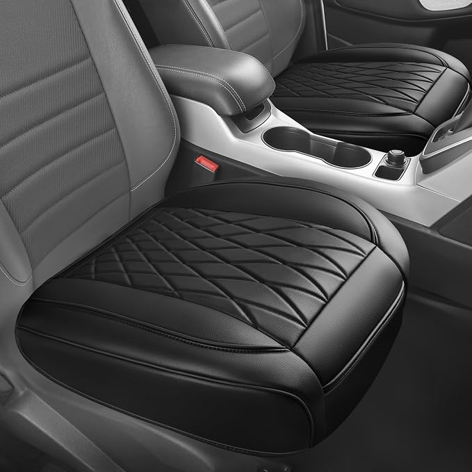 CAR PASS 2 Pack Leather Front Car Seat Covers, Bottom Seat Covers Full Wrapped with Storage Pocket, Anti-Slip Leather Seat Protectors,Waterproof Seat Cushion Pad Universal Fit Sedan SUV Truck, Black