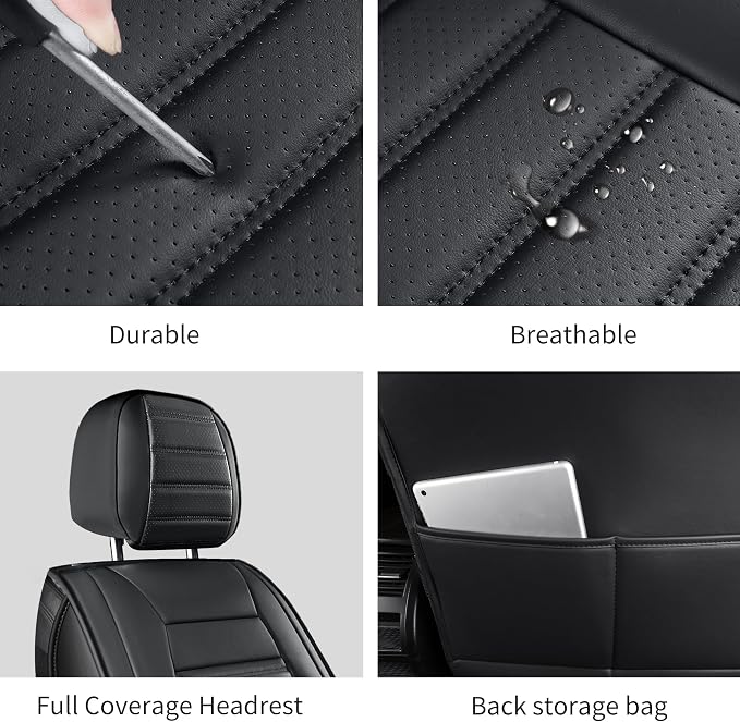HChengkikz Car Seat Covers, Breathable Faux Leather Auto Seat Covers, Waterproof Automotive Seat Covers, Universal Vehicle Seat Covers for Sedans SUV Pick-up Truck (2 PCS Front Seat, Black)
