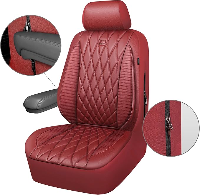 CAR PASS Piping Luxury Faux PU Leather Two Front Car Seat Covers, Waterproof Anti Slip Premium Automotive Seat Covers,Universal Fit for Suvs,Vans,Trucks, Armrest Airbag Compatible, Burgundy Red
