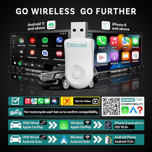 OTTOCAST Mini 2025 Wireless CarPlay & Android Auto 2-in-1 Adapter, Fast Stable Connection, Plug & Play for iPhone & Android Devices (White)