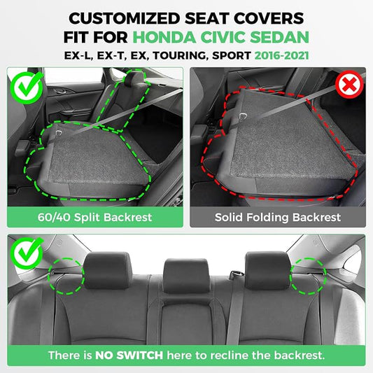 for Honda Civic Leather Seat Covers, Sedan Sport, EX EX-L EX-T Touring 2016-2021, Custom Fit Car Seat Cover Full Set, Waterproof Accessories, Black Blue (60/40 Split Benches)