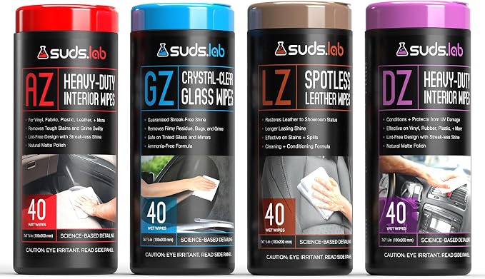 Suds Lab Car Wipes Interior Cleaning Bundle - Pack of 4 All-Purpose Cleaner Protectant, Leather Cleaner, and Glass Cleaner Automotive Care, 160 Wipes