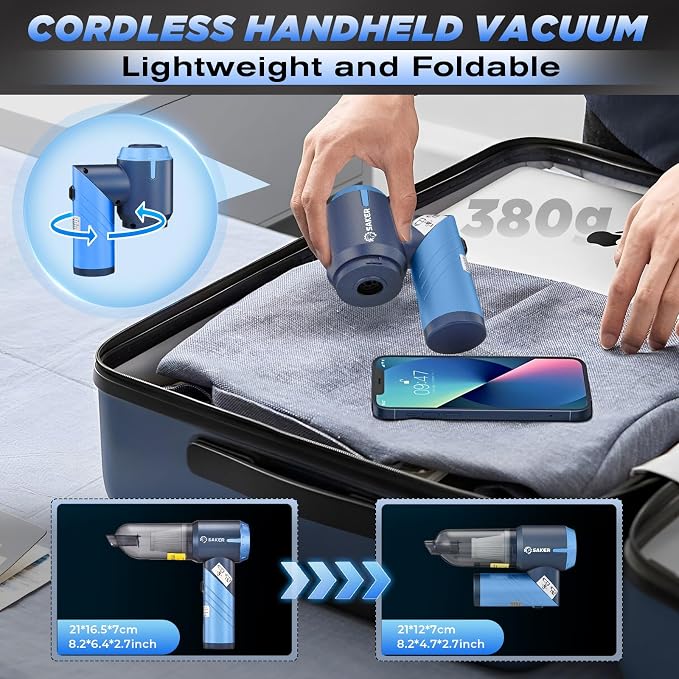 Saker Portable Car Vacuum Cleaner Cordless High Power 17000PA 3 in 1 Foldable Handheld Vacuum Cordless with Brushless Motor for Inflation,Dust Blowing,Home Car Cleaning HL132 Blue