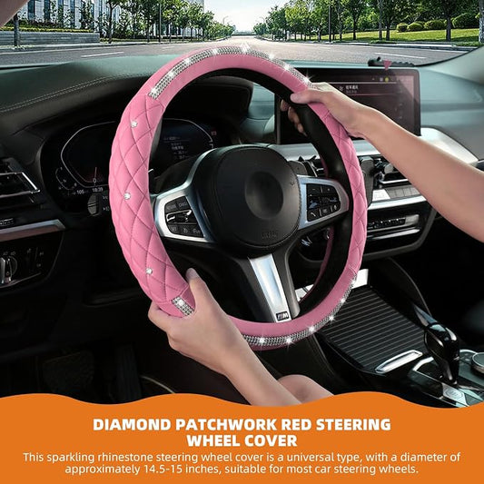 Diamond Steering Wheel Cover,14.5-15 Inch Car Steering Wheel Cover with Bling Crystal Rhinestone,Delicate and Anti-Slip Sparkly Car Wheel Protector for Women Girl,Pink
