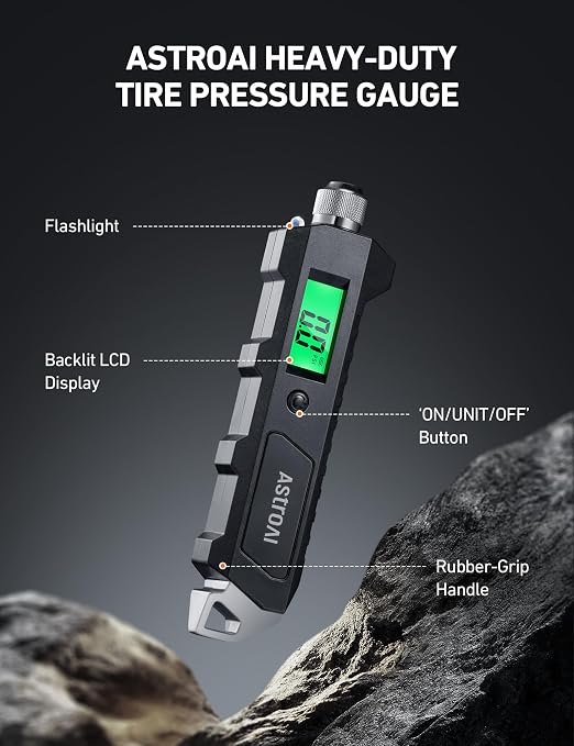 AstroAI Digital Tire Pressure Gauge, 230 PSI 4 Settings Heavy Duty for Car Bicycle with Larger Backlit LCD Flashlight and Non-Slip, Black