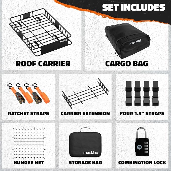 Mockins 64"x39"x6" Extendable Heavy Duty Roof Rack Basket & 16 Cu Ft Waterproof Cargo Bag for Top of Car | 250 Lbs Capacity Steel Rooftop Cargo Carrier for Top of Vehicle with Roof Basket Accessories