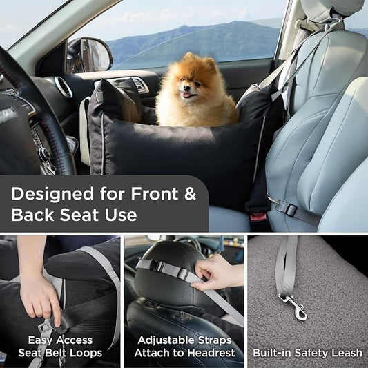 Lesure Small Dog Car Seat for Small Dogs - Waterproof Dog Booster Car Seat with Storage Pockets, Clip-On Safety Leash and Thickened Memory Foam Filling, Pet Carseat Puppy Travel Carrier Bed, Black