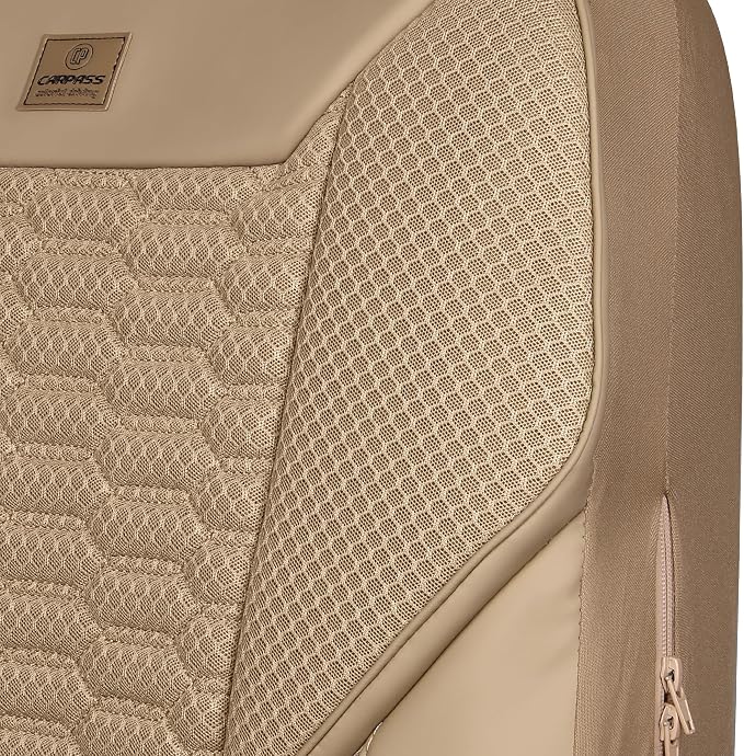 CAR PASS 3D Foam Mesh Leather Car Seat Covers Full Set, Tan Breathable Mesh Faux Leather Seat Covers for Car, Universal Fit for SUV Truck Sedan Automotive, Armrest Airbag Compatible, All Beige