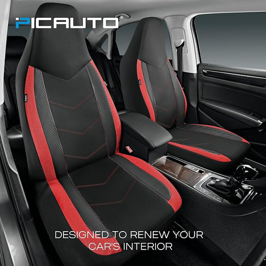 PIC AUTO Car Seat Covers - High Back Front Seat Covers, Sports Carbon Fiber Mesh Design, Universal Fit, Airbag Compatible (Red)
