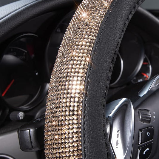 CAR PASS Bling Champagne Diamond Steering Wheel Cover, Black Leather Universal Fit 14.5-15inch Glitter Rhinestones for Women Sparkle Crystal Girly Shining for SUV,Vans,Sedan,Car,Truck, Black Champagne