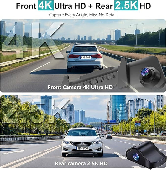 12'' 4K Rear View Mirror Camera,4K+2.5k Front and Rear Mirror Dash Cam,ADAS BSD LCA Smart Rearview Mirror for Cars,App WiFi,Night Vision, Parking Monitor, 64GB Card & GPS Digital View Mirror Dashcam