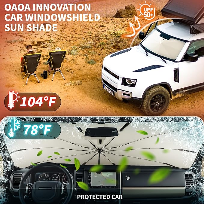 Car Windshield Sun Shade Umbrella, 57"*33", Foldable Sun Shade for Car Windshield Umbrella, UPF 50+ and Heat Protection, Nano Cold Titanium Ice Silk Fabric. Universal Portable